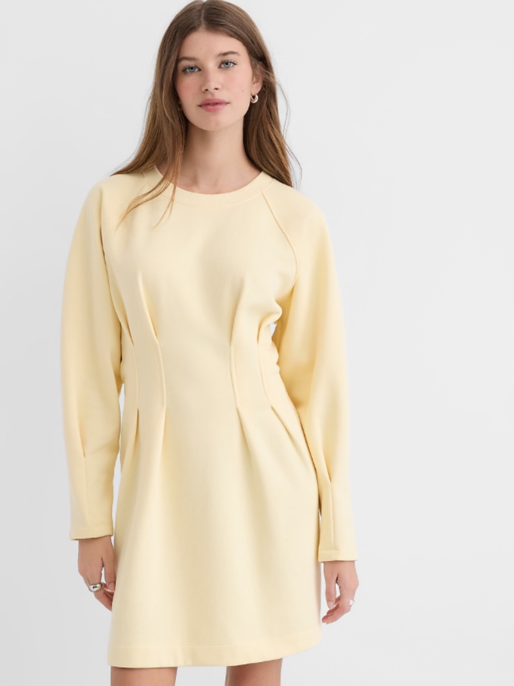 LOFT Terry Yellow Pleated Long-Sleeve Dress